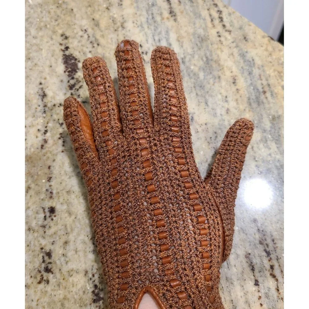Vintage Size M 7 Brown Leather And Knit Handmade Gloves Hammer Of Hollywood